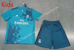 Retro Version 17-18 Real Madrid 2nd Away Blue Kids/Youth Soccer Uniform-8679