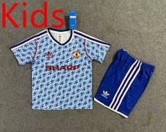 Retro Version 90-92 Manchester United Away Blue Kids/Youth Soccer Uniform-8975