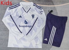 25-26 Manchester United Away White&Purple LS Kids/Youth Soccer Uniform-9484