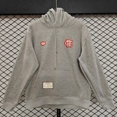 (S-3XL) Retro Embroidered Version Flamengo Grey Thailand Soccer Tracksuit Top With Hat-CS