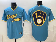 (Logo11) Champion Logo Milwaukee Brewers Blue MLB Jersey-0840