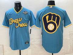 (Logo12) Champion Logo Milwaukee Brewers Blue MLB Jersey-0840