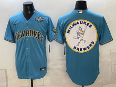 (Logo4) Champion Logo Milwaukee Brewers Blue MLB Jersey-0840