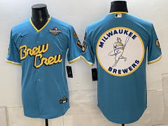 (Logo20) Champion Logo Milwaukee Brewers Blue MLB Jersey-0840