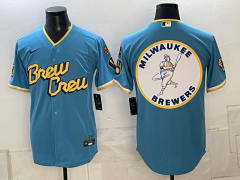 (Logo19) Champion Logo Milwaukee Brewers Blue MLB Jersey-0840