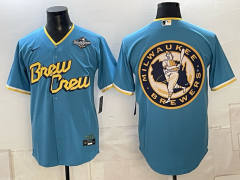 (Logo16) Champion Logo Milwaukee Brewers Blue MLB Jersey-0840