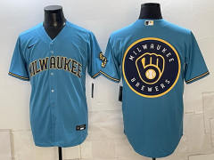 (Logo7) Champion Logo Milwaukee Brewers Blue MLB Jersey-0840