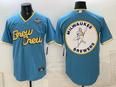 (Logo14) Champion Logo Milwaukee Brewers Blue MLB Jersey-0840