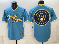 (Logo9) Champion Logo Milwaukee Brewers Blue MLB Jersey-0840