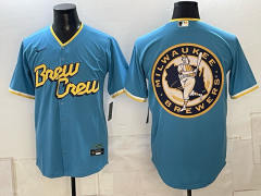 (Logo15) Champion Logo Milwaukee Brewers Blue MLB Jersey-0840