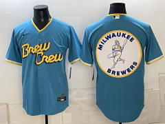 (Logo13) Champion Logo Milwaukee Brewers Blue MLB Jersey-0840