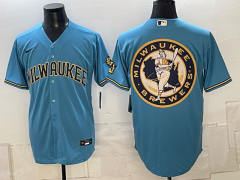 (Logo1) Champion Logo Milwaukee Brewers Blue MLB Jersey-0840