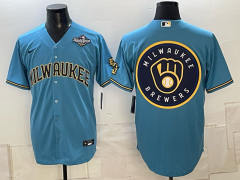 (Logo8) Champion Logo Milwaukee Brewers Blue MLB Jersey-0840