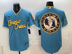 (Logo17) Champion Logo Milwaukee Brewers Blue MLB Jersey-0840