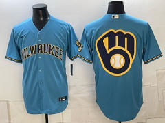 (Logo5) Champion Logo Milwaukee Brewers Blue MLB Jersey-0840