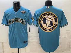 (Logo2) Champion Logo Milwaukee Brewers Blue MLB Jersey-0840