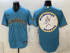 (Logo3) Champion Logo Milwaukee Brewers Blue MLB Jersey-0840