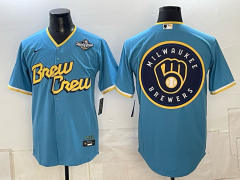 (Logo10) Champion Logo Milwaukee Brewers Blue MLB Jersey-0840