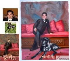 Custom oil portrait-The man sat on the sofa with the dog