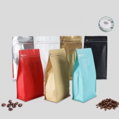 Bolsas de embalaje de café de fondo plano con cremallera resellable de grado alimenticio con válvula de desgasificaciónBolsas de embalaje de café de fondo plano con cremallera resellable de grado alimenticio con válvula de desgasificación