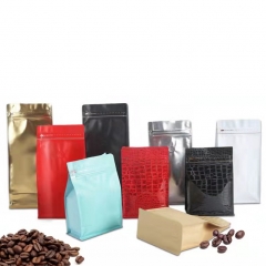 Bolsas de embalaje de café de fondo plano con cremallera resellable de grado alimenticio con válvula de desgasificaciónBolsas de embalaje de café de fondo plano con cremallera resellable de grado alimenticio con válvula de desgasificación