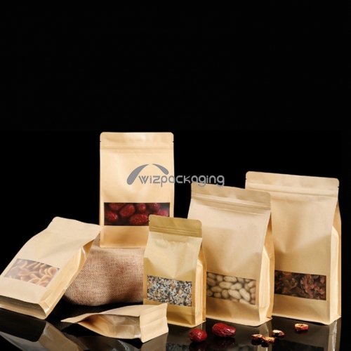 Flat bottom kraft paper food packaging pouch with zipper