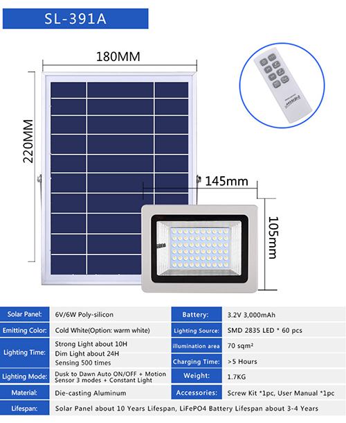 Projecteur solaire LED 100 W 6 500 K Panneau : 6 V/12 W Batterie