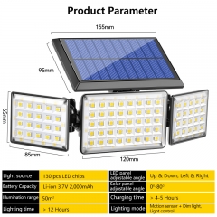 130 LED Outdoor 3-seitiger Bewegungssensor Solarzaun Wandleuchte für Garage, Innenhof, Gartenlicht