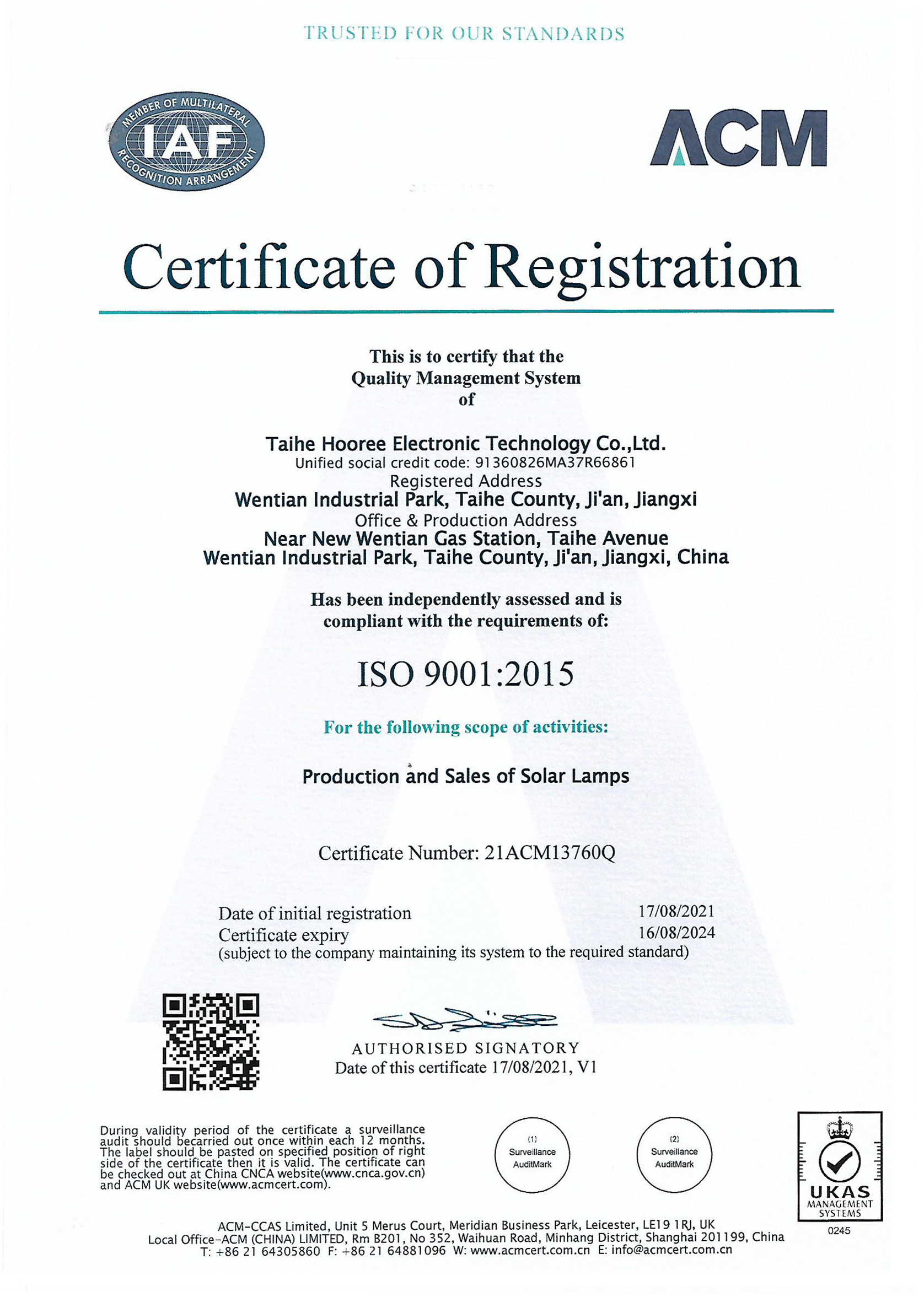 ISO 9001 Quality System Certificate Completed