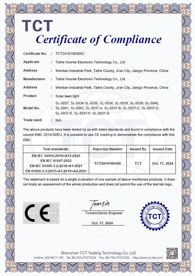 2024 CE/RoHS/FCC/Waterproof Certificate and Reports Over 40 Solar Light Models