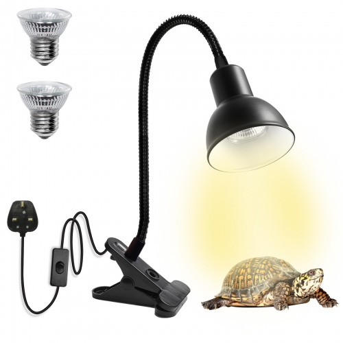 Lampe thermique de Reptile avec lampe de Basking 25W E27 UVA+UVB, lampe de projecteur de chaleur fixateur de pince avec cou rotatif à 360° et bouchon 