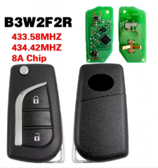 AK007387 Compatible with Toyota 2-button folding remote key, FCC ID B3W2F2R, frequency 433.58MHz/434.42MHz, built-in 8A transponder chip