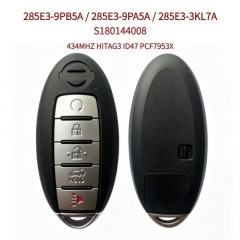 AK027092 Genuine Nissan 5-button remote; part numbers 285E3-9PB5A / 285E3-9PA5A / 285E3-3KL7A; model S180144008; frequency 434MHz; equipped with HITAG3 ID47 (PCF7953X) chip