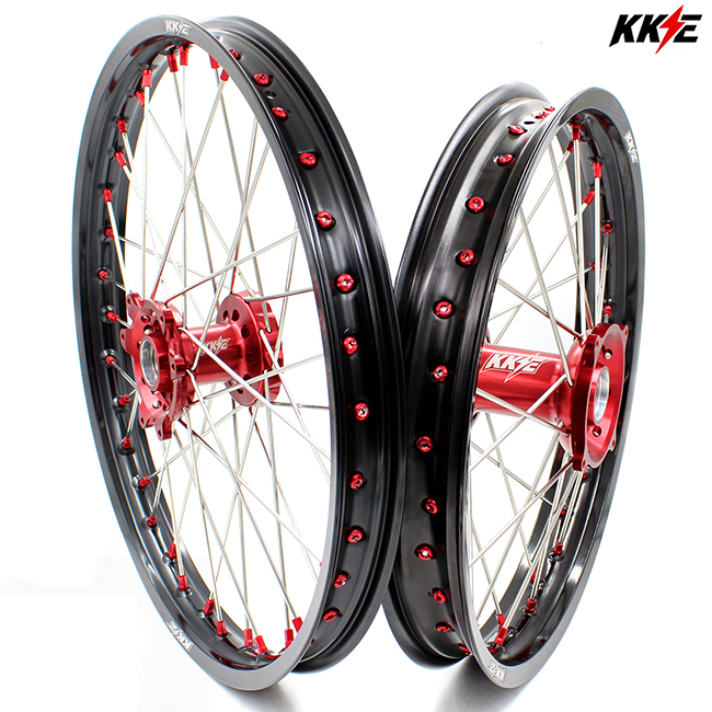 KKE 21/19 MX Cast Wheel Set For Honda CRF250R (2014-2025) & CRF450R/L (2013-2025) – Gold Rims, Red Hubs, 7050 Aluminum