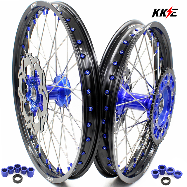 KKE 21/19 Casting MX Wheels Set Fit YAMAHA YZ125 YZ250 99-16 YZ450F 03-14 Blue Nipple Front 250MM Disc