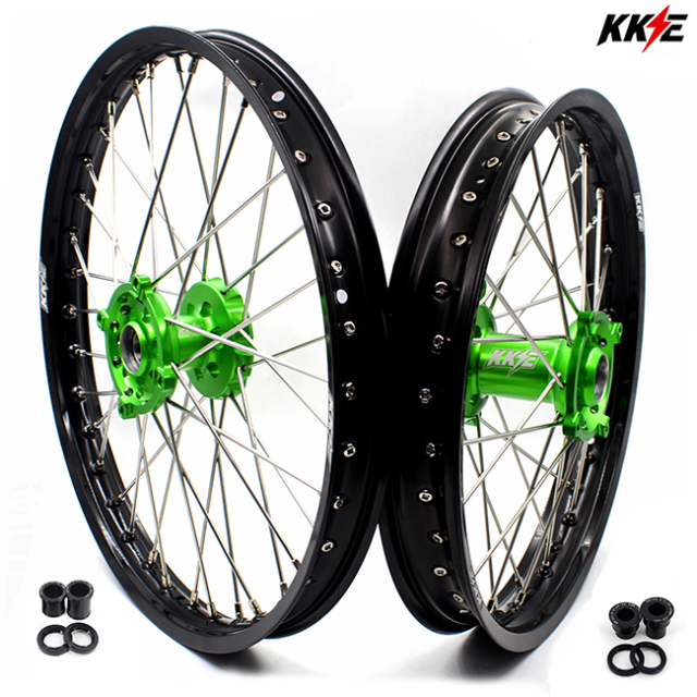 KKE 1.6*21/2.15*19 MX Wheels Rims Set Fit KAWASAKI KX250F KX450F 2006-2021 Green Hub