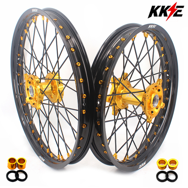 KKE 21/19 Dirtbike MX Wheels Set Fit SUZUKI RMZ250 RMZ450 2005-2022 Gold Nipple Black Spoke