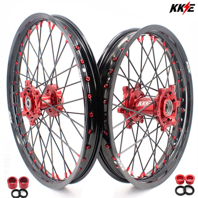 KKE 21/19 Dirtbike MX Wheels Set Fit SUZUKI RMZ250 RMZ450 Red Hub/Nipple Black Rim/Spoke