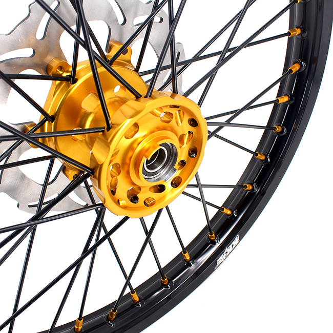 KKE 21/19 MX Motorcycle Wheels Rims Set Fit Suzuki RM125, RM250 2001-2008 Gold Nipple Black Spoke Disc