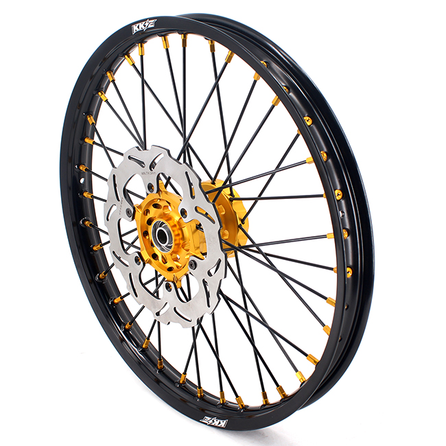KKE 21/19 MX Motorcycle Wheels Rims Set Fit Suzuki RM125, RM250 2001-2008 Gold Nipple Black Spoke Disc