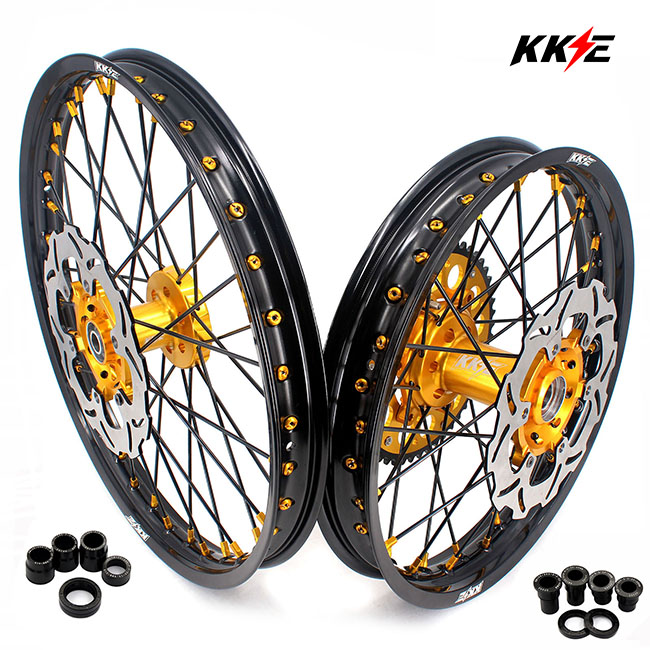 KKE 21/19 MX Motorcycle Wheels Rims Set Fit Suzuki RM125, RM250 2001-2008 Gold Nipple Black Spoke Disc