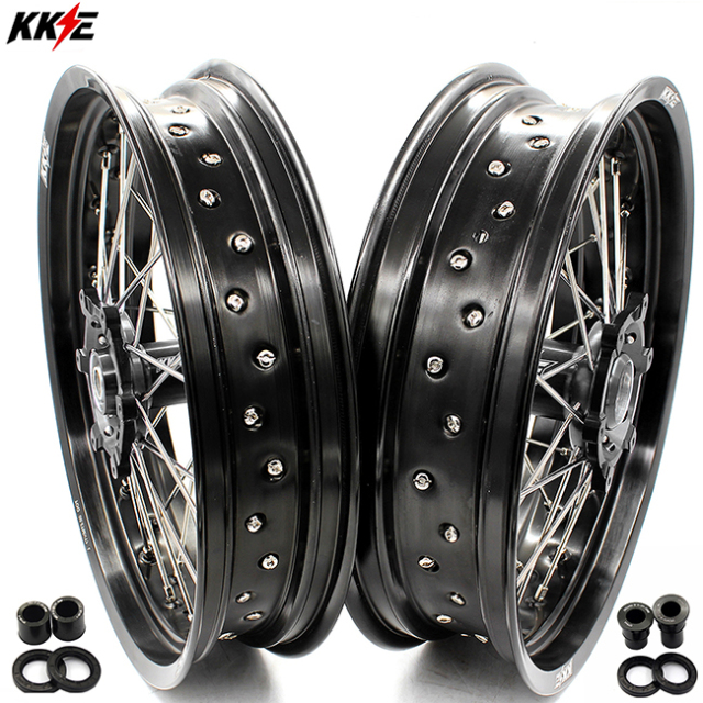 KKE 3.5/4.25*17 Supermoto Wheels Set Fit DRZ400E 00-07 DRZ400S 00-21 DRZ400SM 05-21 Black Hub