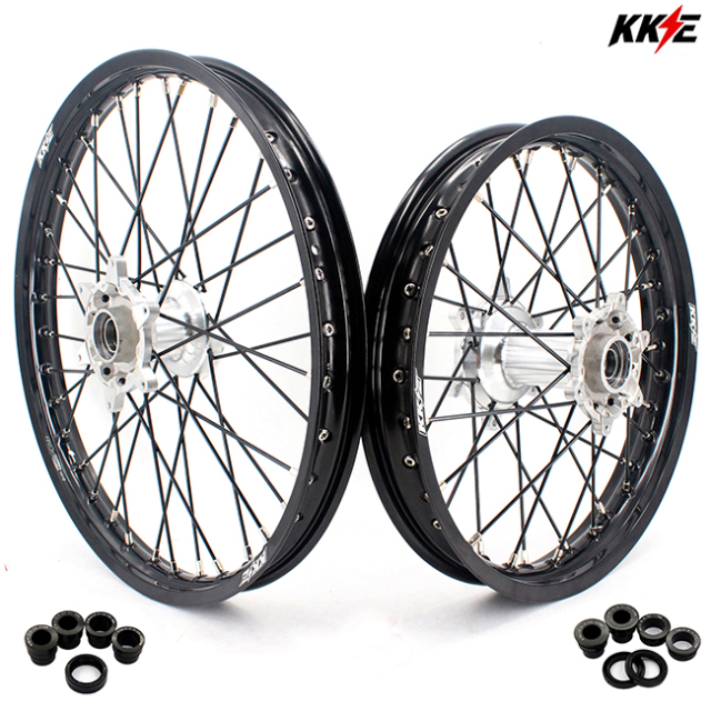 KKE 21/18 Enduro Casting Wheels Set Compatible with KTM EXC 125 530 2003-2022 Silver Hub Black Spoke