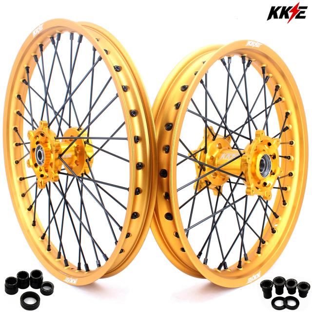 KKE 21/19 Mx Wheels Rims Set Dirt Bike Fit SUZUKI RM125 RM250 1996-2000 Gold Rim Black Spoke