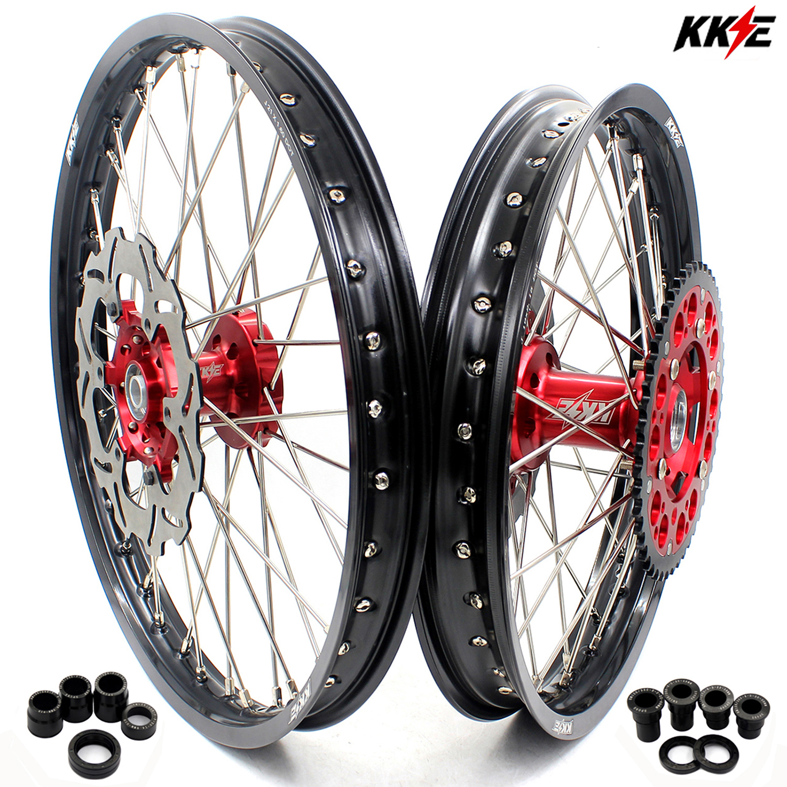 KKE 21/19 Dirtbike MX Motorcycle Wheels Rims Set Fit SUZUKI RM125 RM250 2001-2008 Red Hub