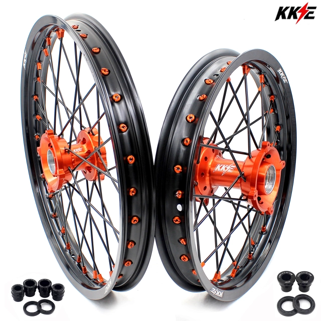 KKE 19/16 Kid's Big Wheels Set Compatible with KTM85 SX 2003-2020 Orange Nipple Black Spoke