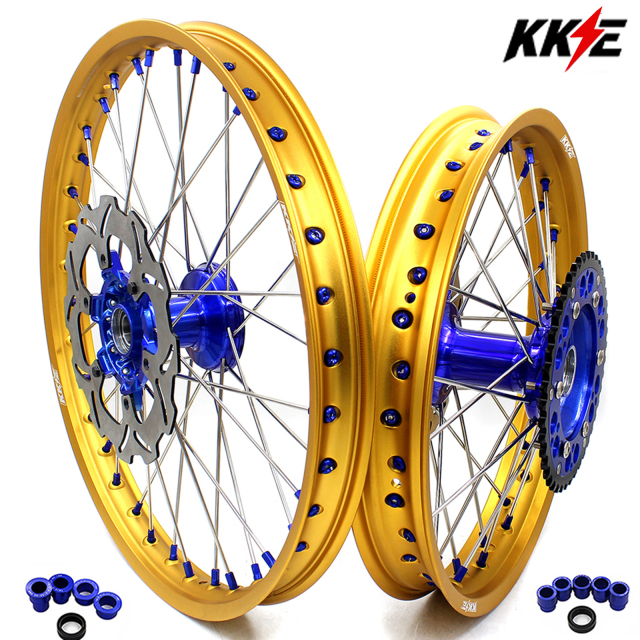 KKE 21/19 MX DirtBike Casting Wheels Fit Yamaha YZ125 YZ250 99-16 YZ250F YZ450F Blue Hub Gold Rim With Disc