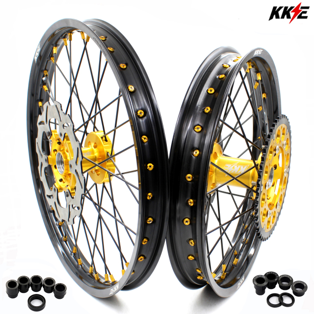 KKE 21/19 Dirt MX Wheels Set Gold/Black Spoke Fit YAMAHA YZ125 YZ250 1999-2016 YZ250F YZ450F 2003-2015 With 250MM Disc