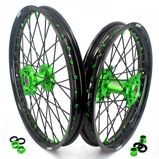 KKE 21/19 MX Wheels Set fit Kawasaki KX250F KX450F 2006-2021 Green Hub/Nipple Black Spoke