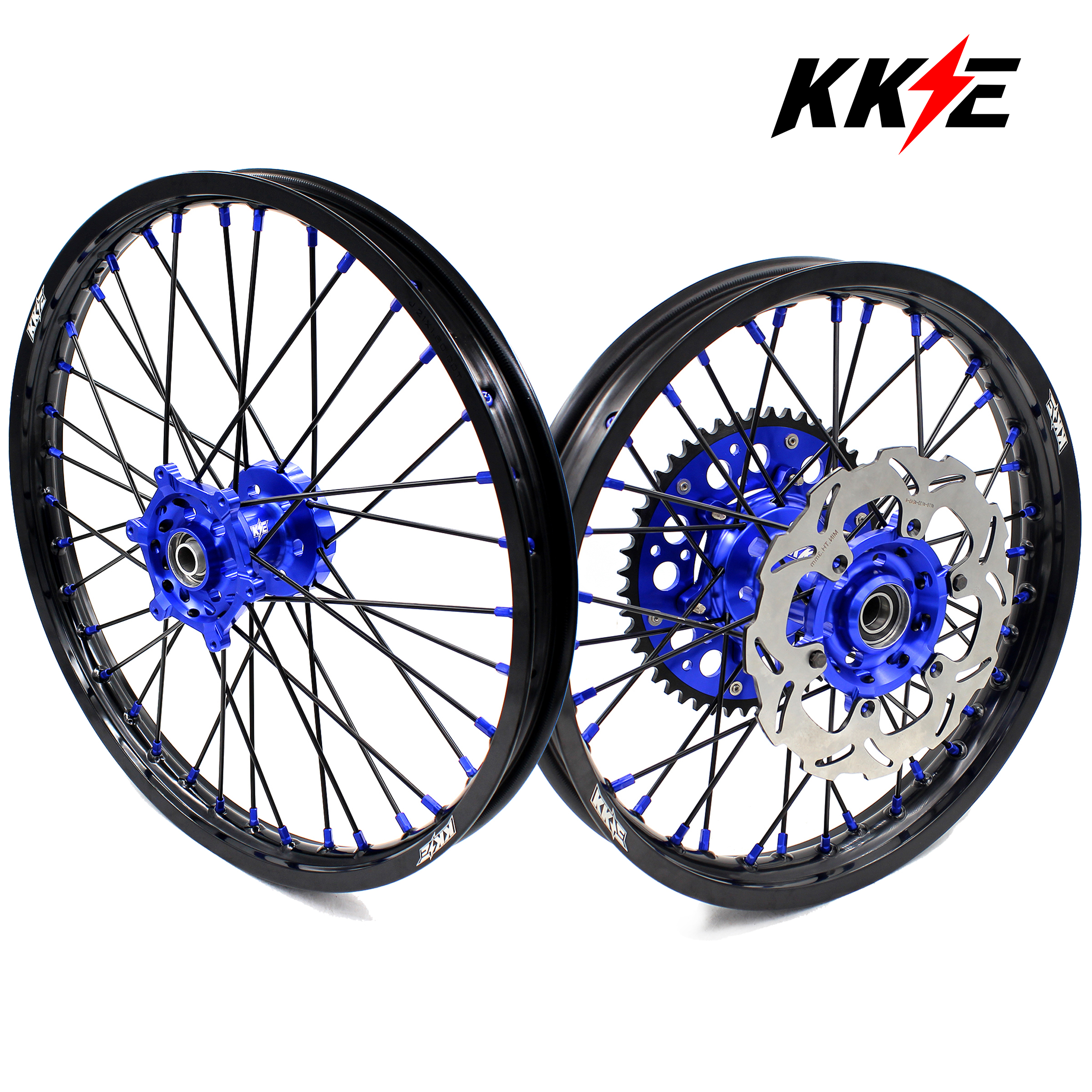 KKE 21/18 Enduro Dirt Bike Wheels Set fit Suzuki DRZ400SM 2005-2025 Blue Nipple Black Spokes
